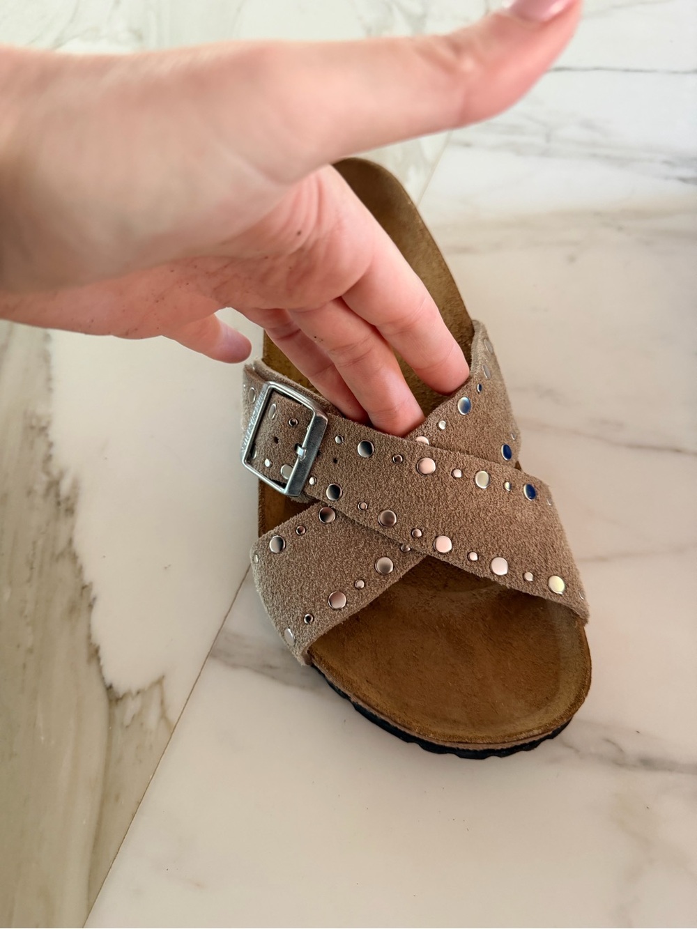 Birkenstock Sienna Taupe Suede Crisscross Sandal with Silver Studs and Buckle